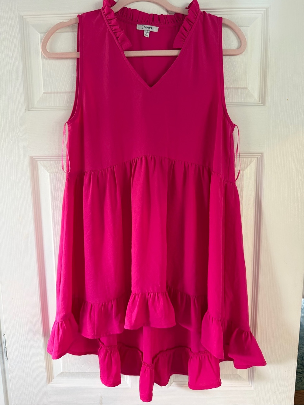 JODIFL Fuchsia Tiered Ruffle V-Neck Sleeveless Dress